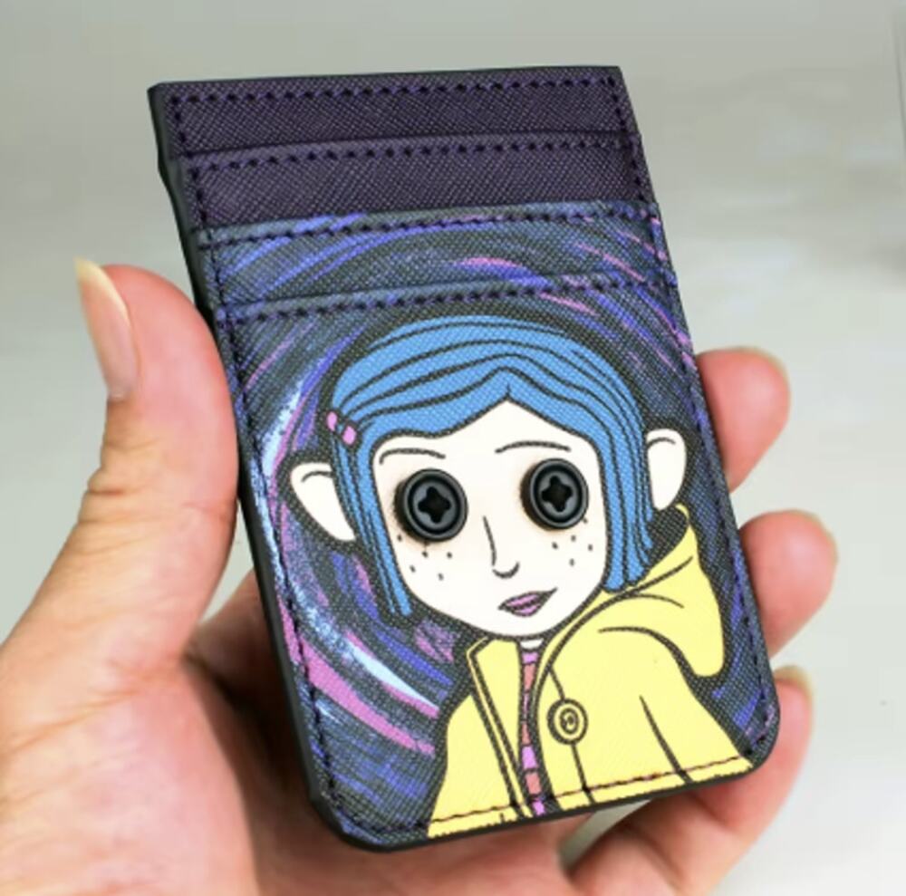 Coraline and The Cat, Black Card Holder, Vegan Leather, Button Eyes - New